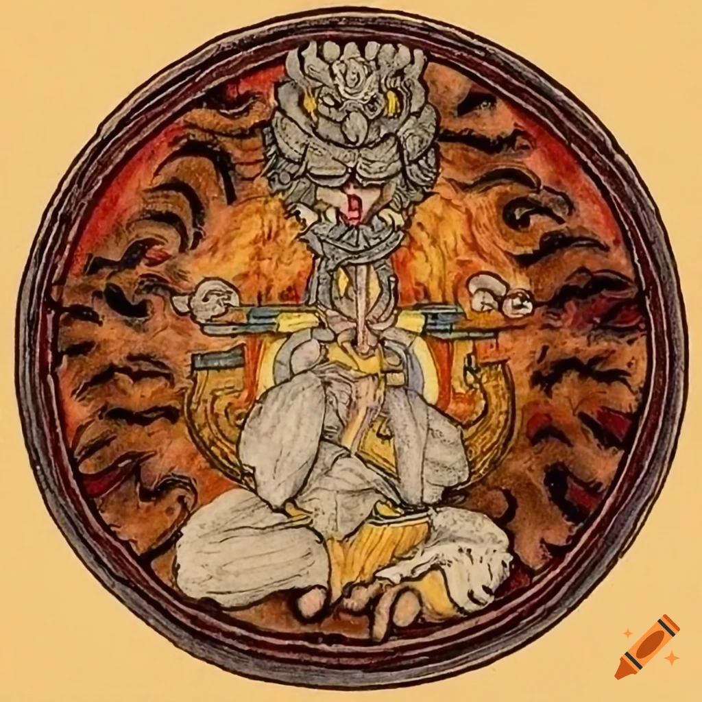 Earth monastery emblem showing a monk using stoneskin in battle with a fiery lion