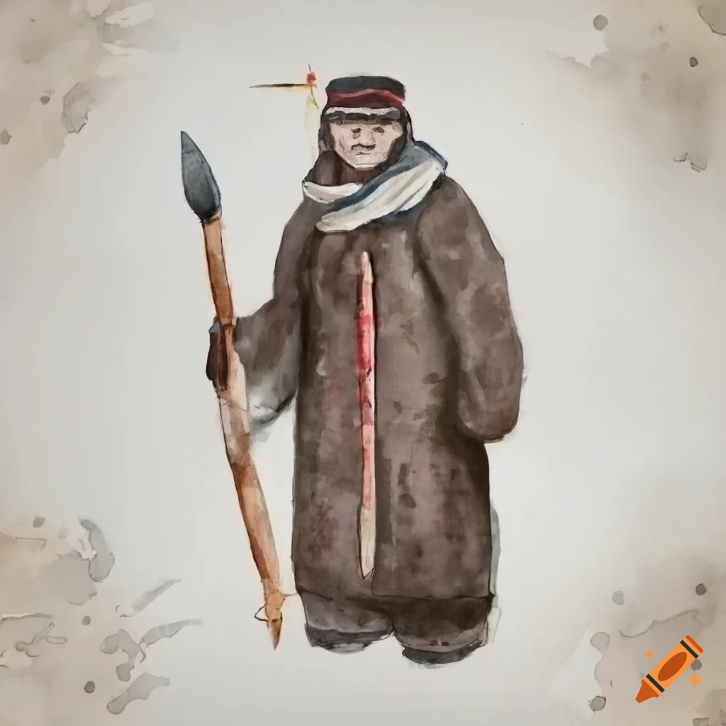 Chukchi man in traditional clothing with spear and bow