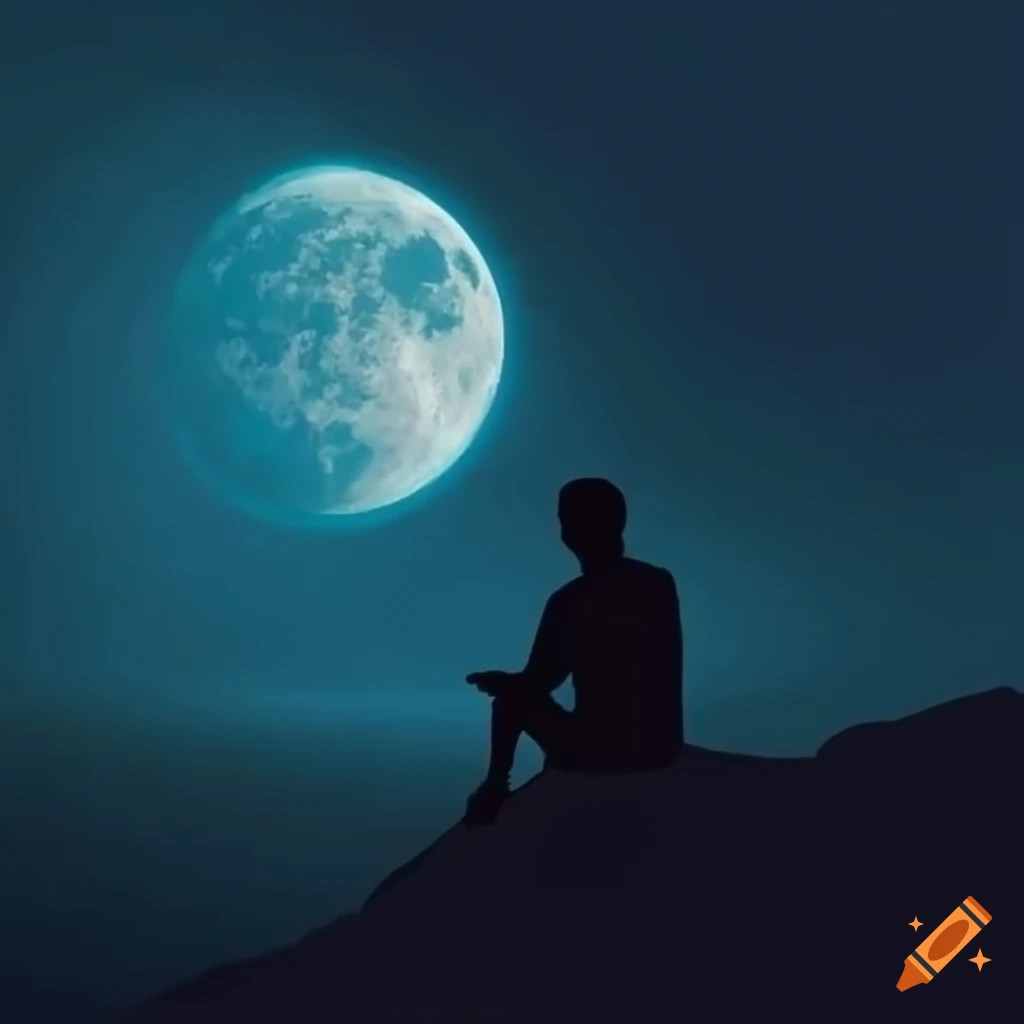 Man sitting on cliff looking at the moon with a forest below in a winter night scene