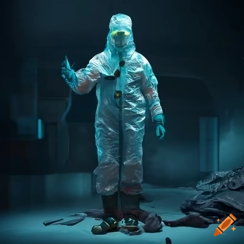Futuristic hazmat cleanup person in a sci-fi bottling-plant at ...