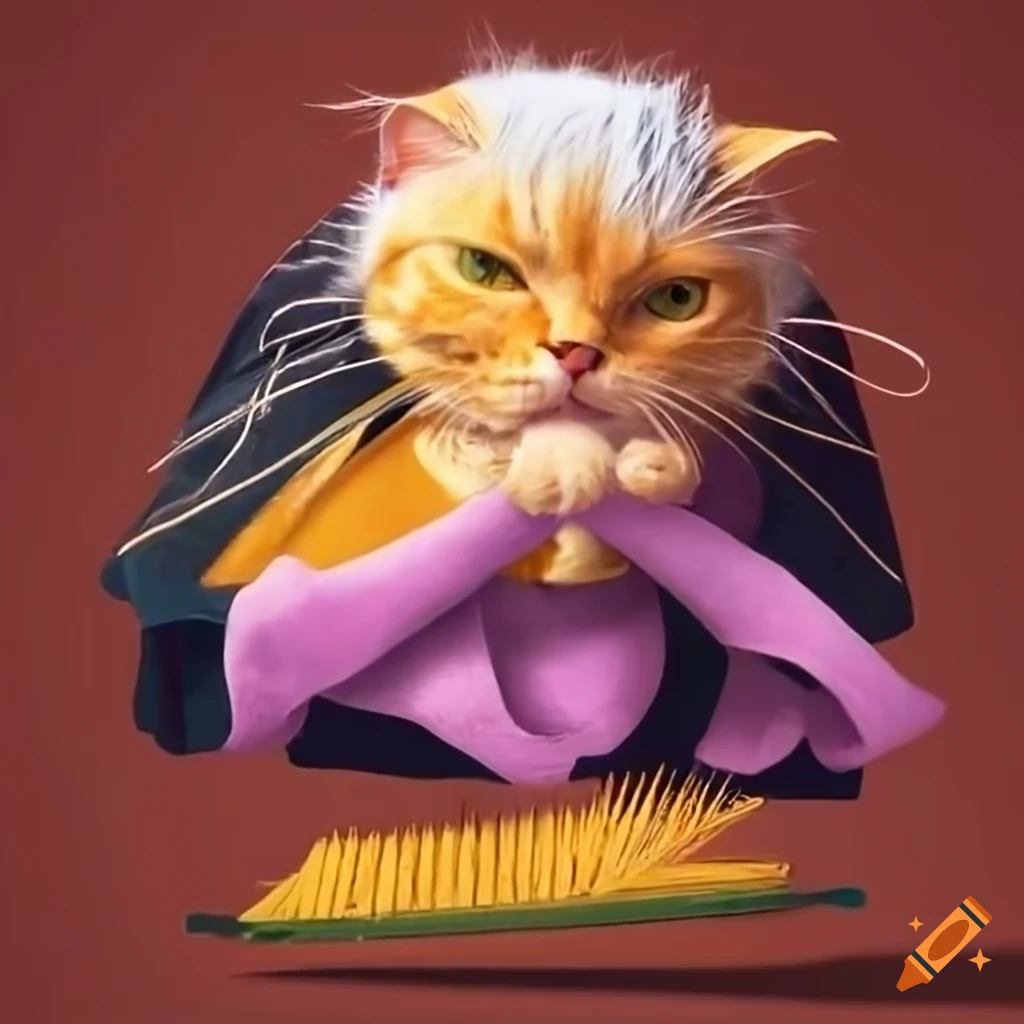 Witch with short blonde and white hair holding broomstick next to a sewing machine with yellow cat