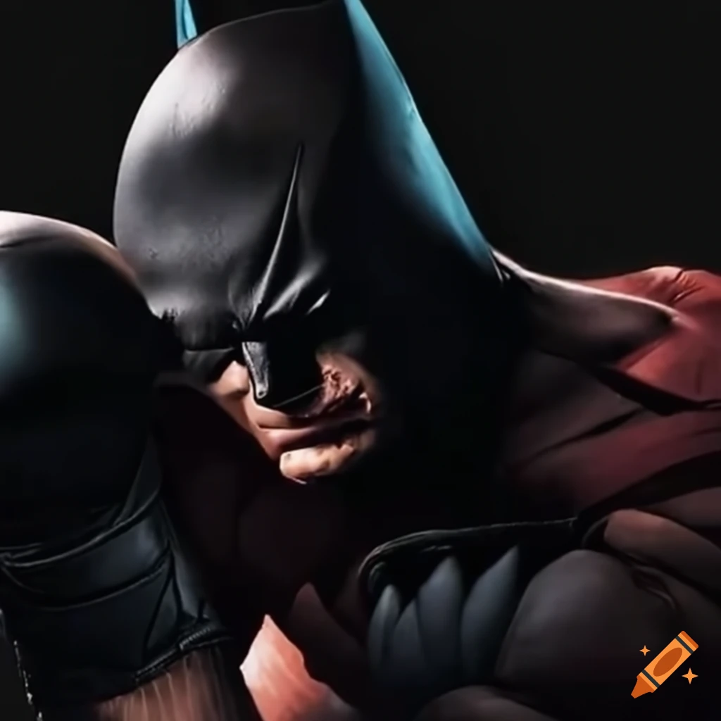 Dark knight training intensely on a boxing bag