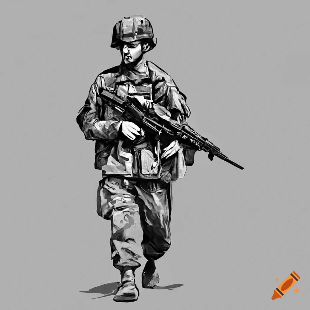 US soldier carrying pack in a basic stencil image