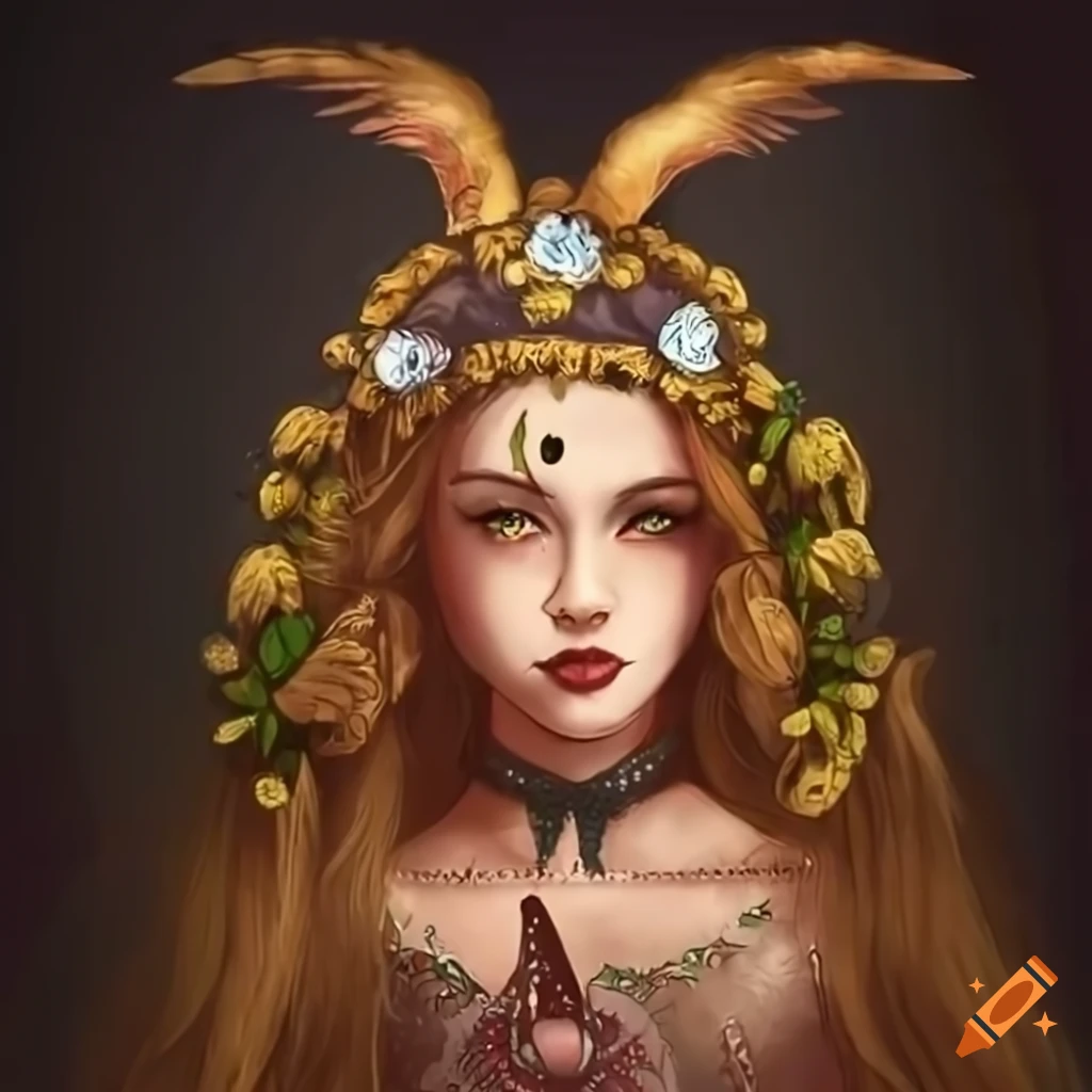 Beautiful witch surrounded by woodland creatures in a magical scene