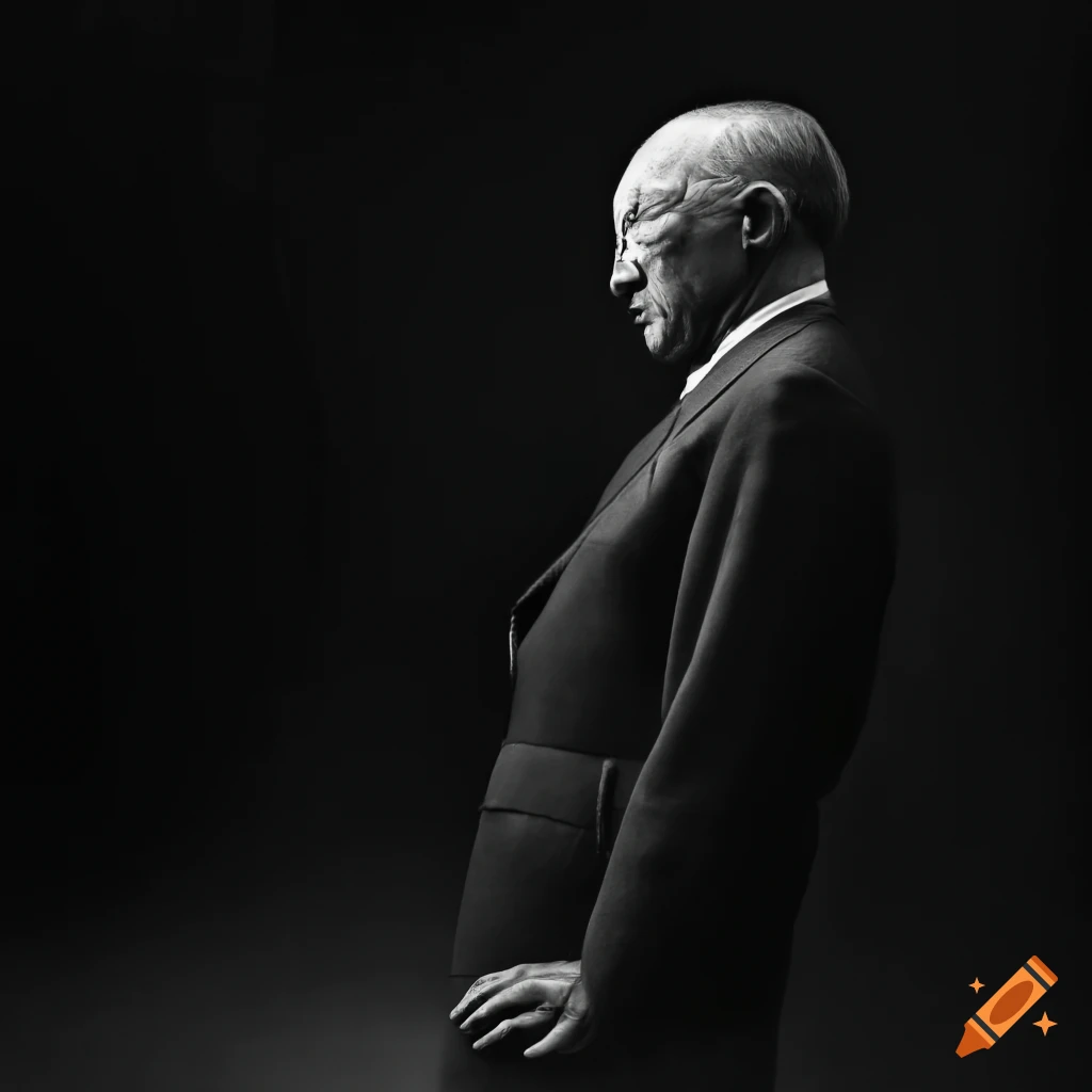 Konrad Adenauer seen from the back in a spotlight in hyperrealistic 8k photo