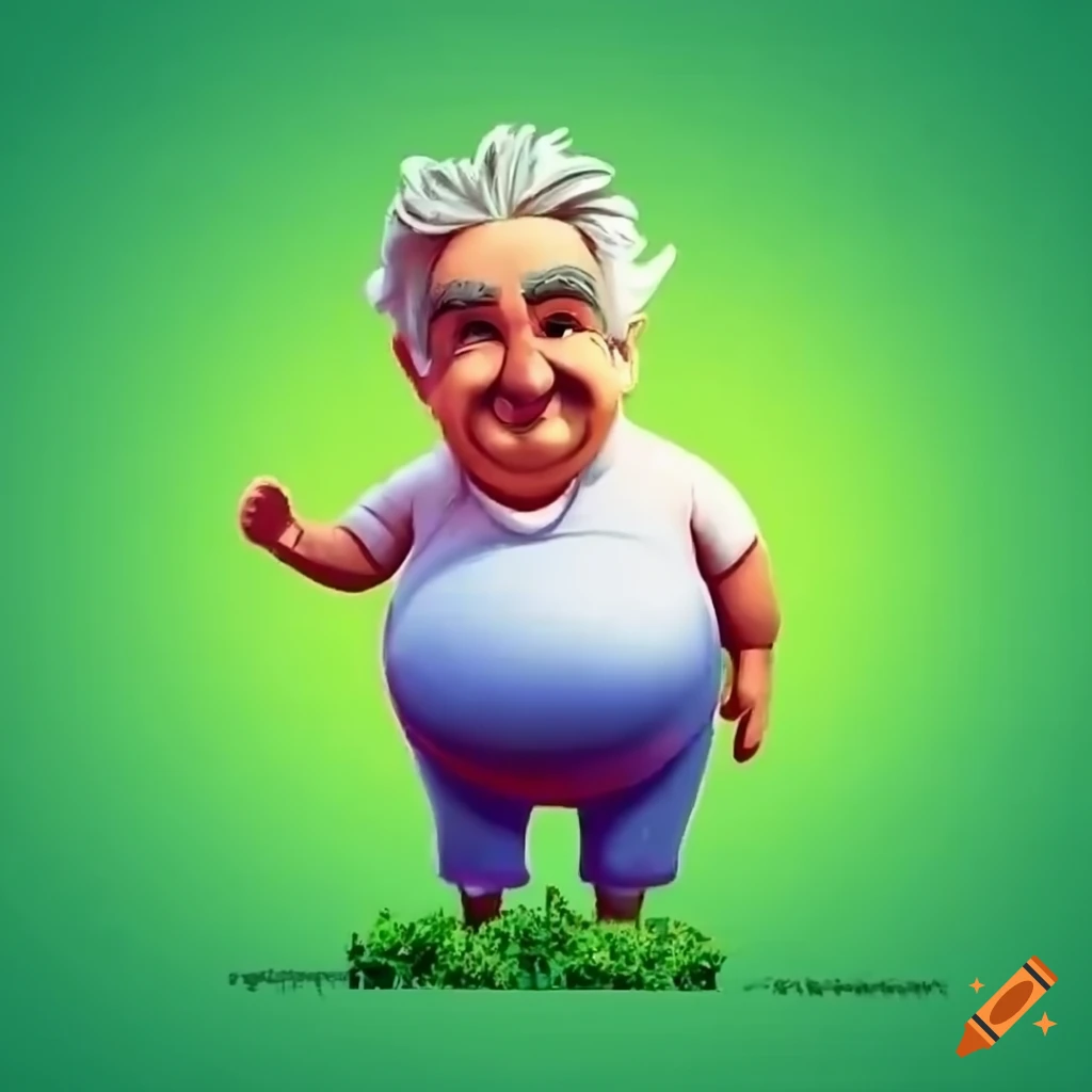 Chubby cheerful Jose Mujica walking outdoors in 1980s animated style