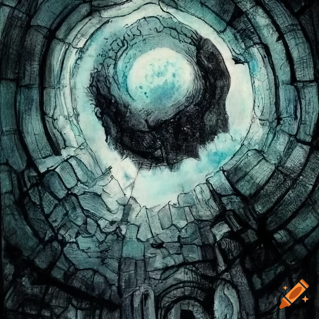 Mysterious high-tech gate with underworld landscape in black ink