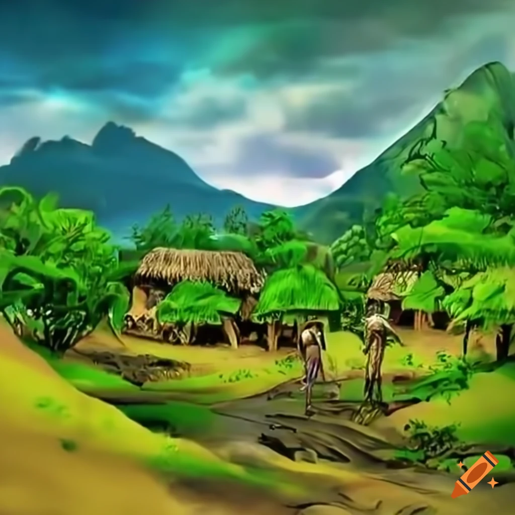 Lush landscape with mountains and traditional Tikar village