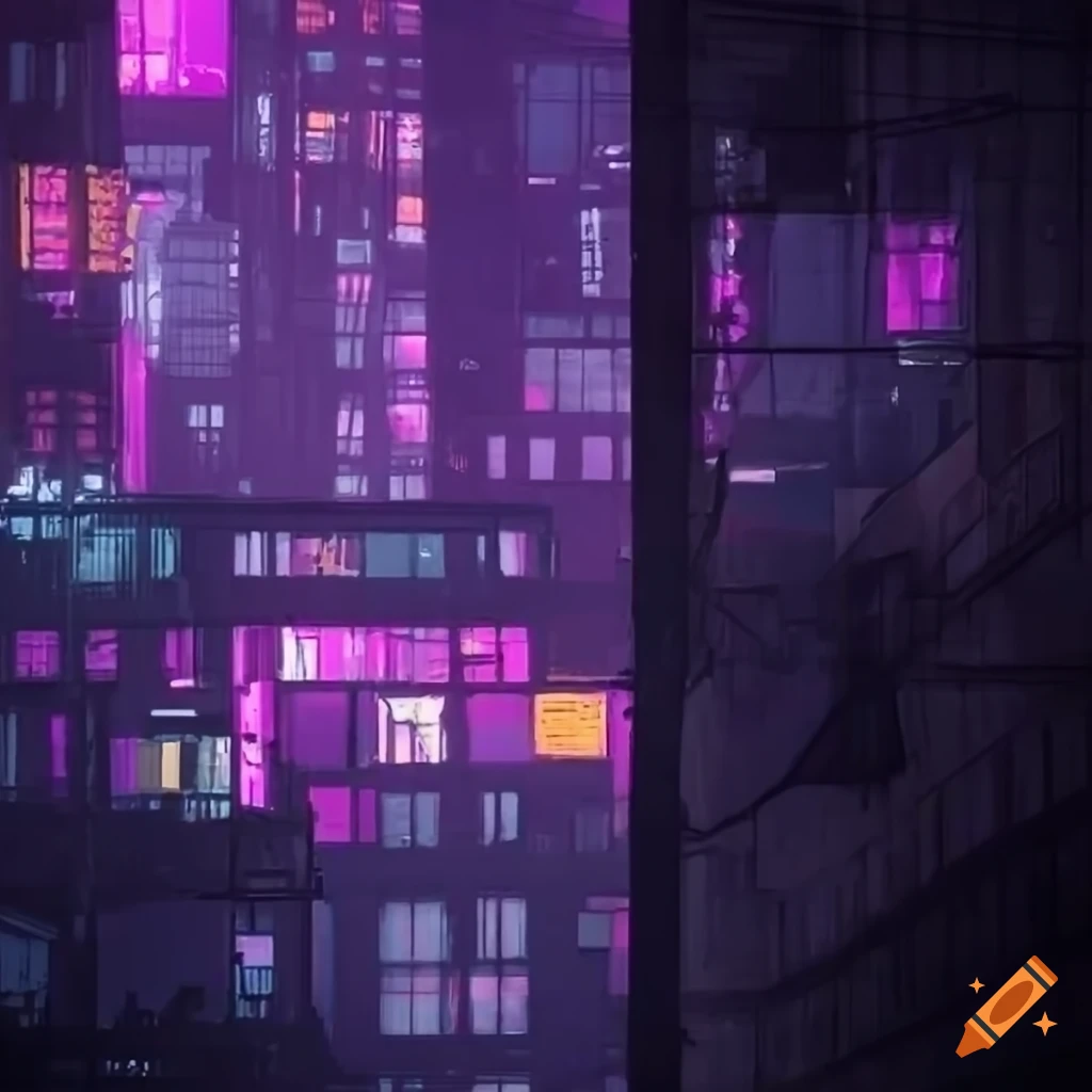View of cyberpunk cityscape in light rain from industrial apartment window