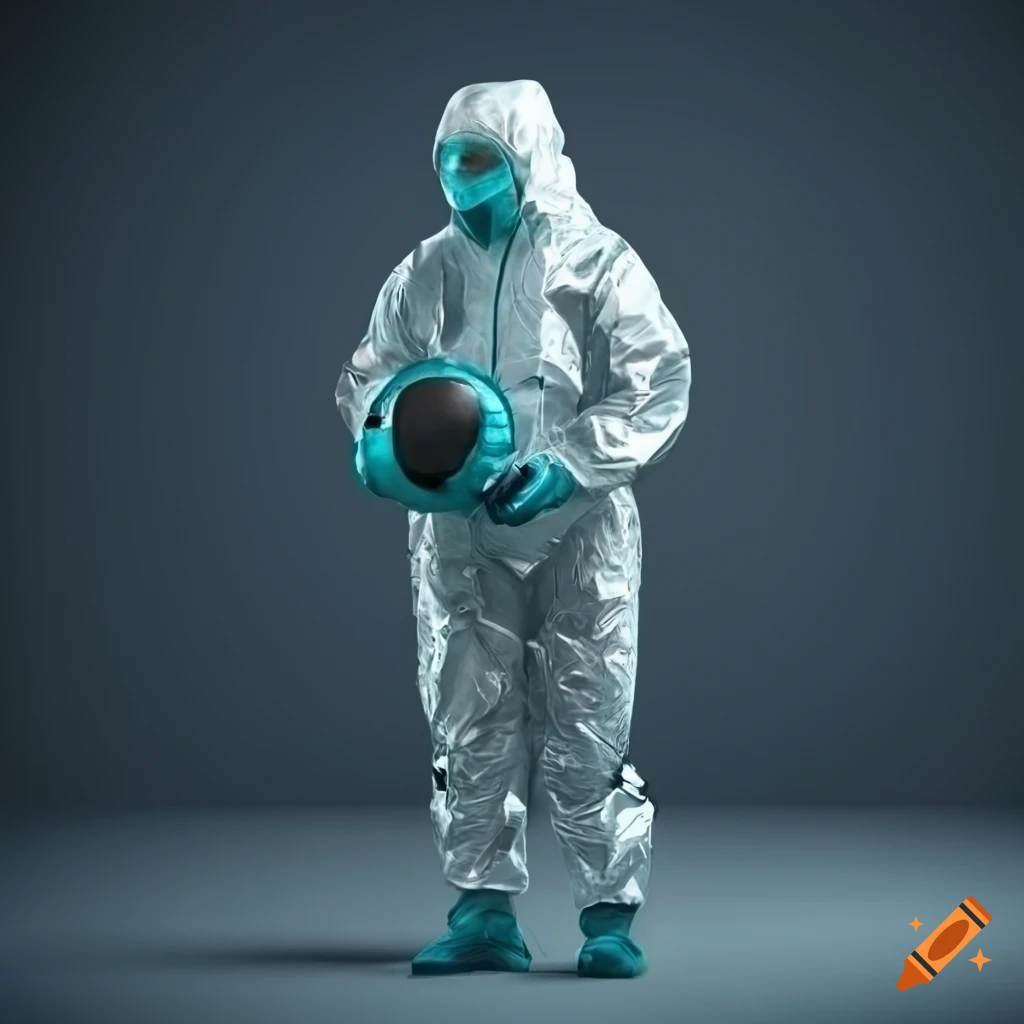 Futuristic hazmat cleanup person in a bottling-plant at night