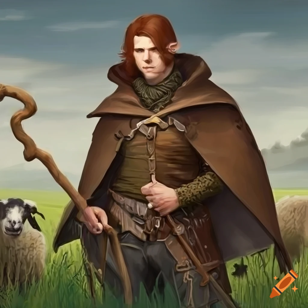 Male half-elf shepherd with wooden staff in grassland with sheep