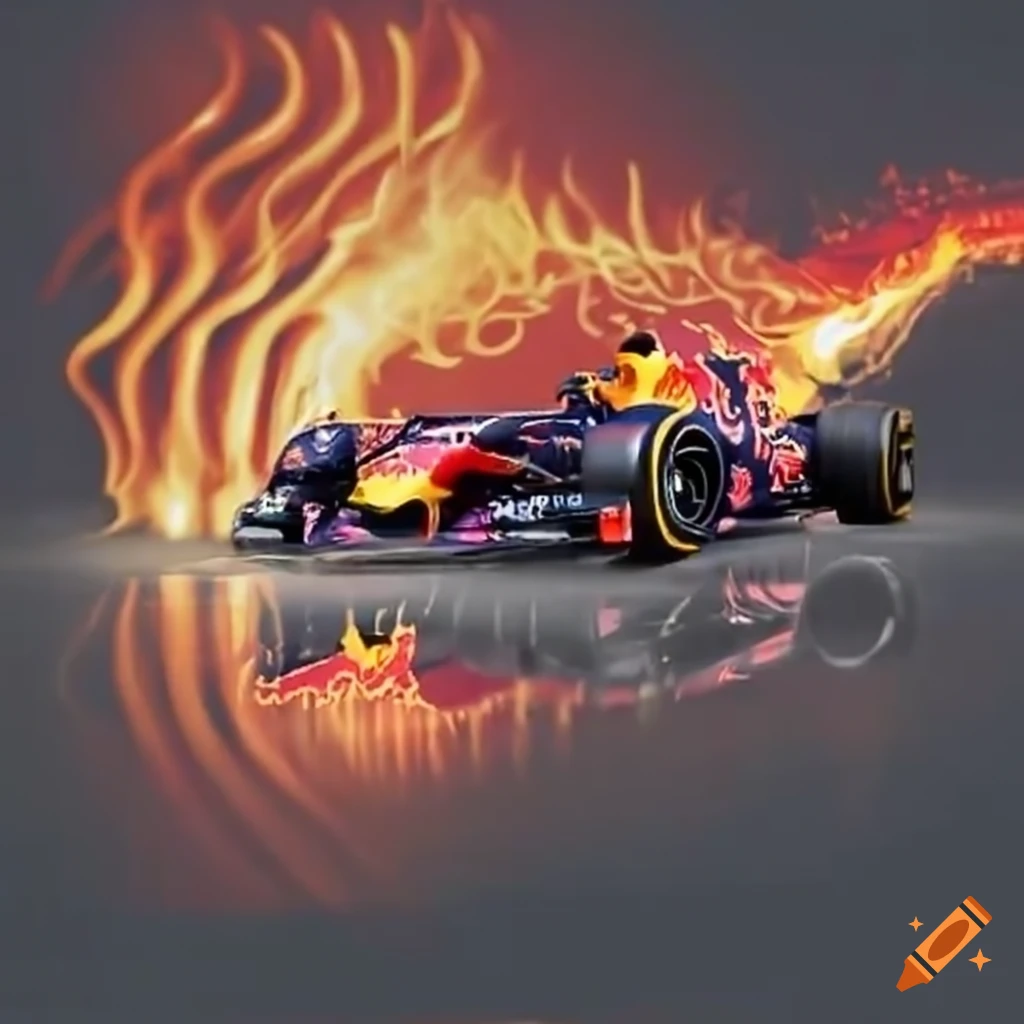 Red Bull F1 car with flaming phoenix above
