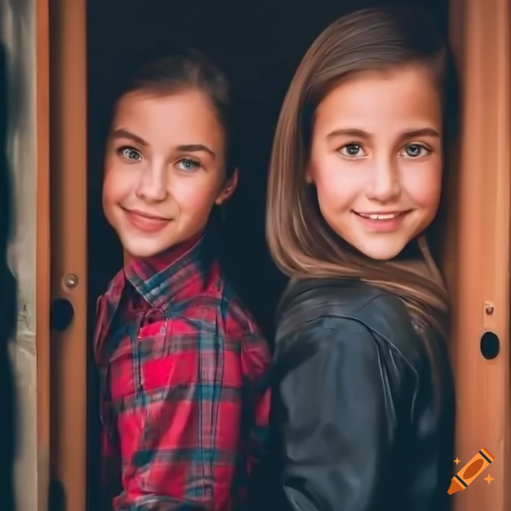 Irimia twins singers in country plaid shirts and black leather trousers standing in a caravan trailer doorway