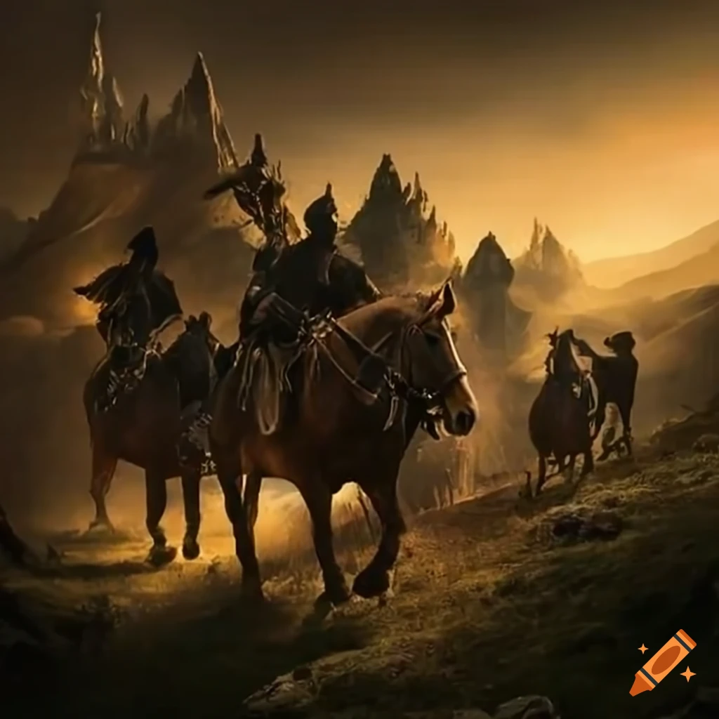 Two armies with horses in a lush valley ready for battle