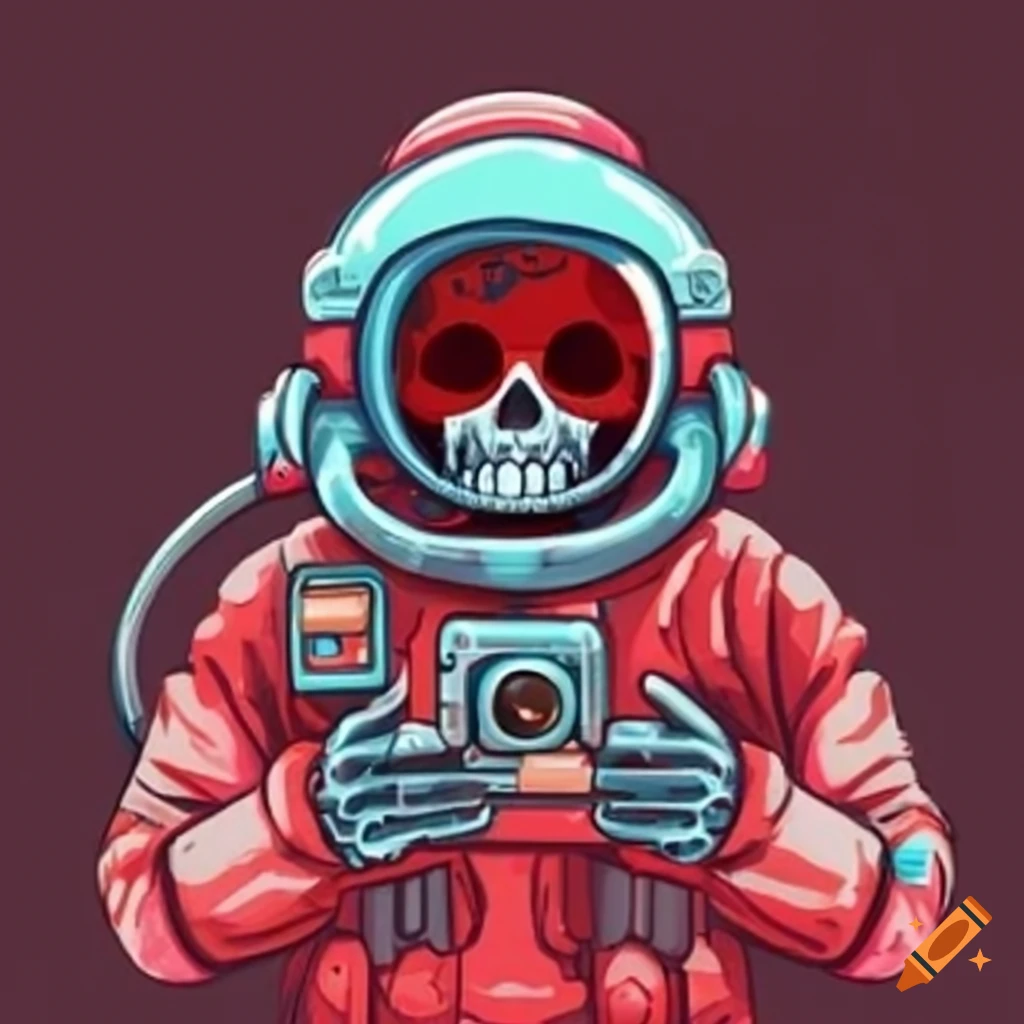 Skull wearing a red astronaut suit with Aries horns