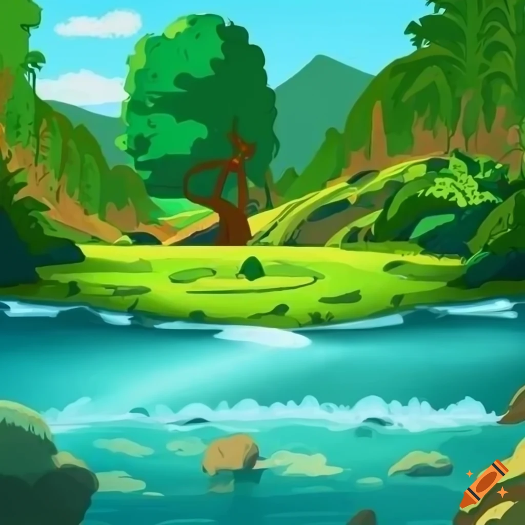 River flowing through an oasis with abundant crops in 2D cartoon style