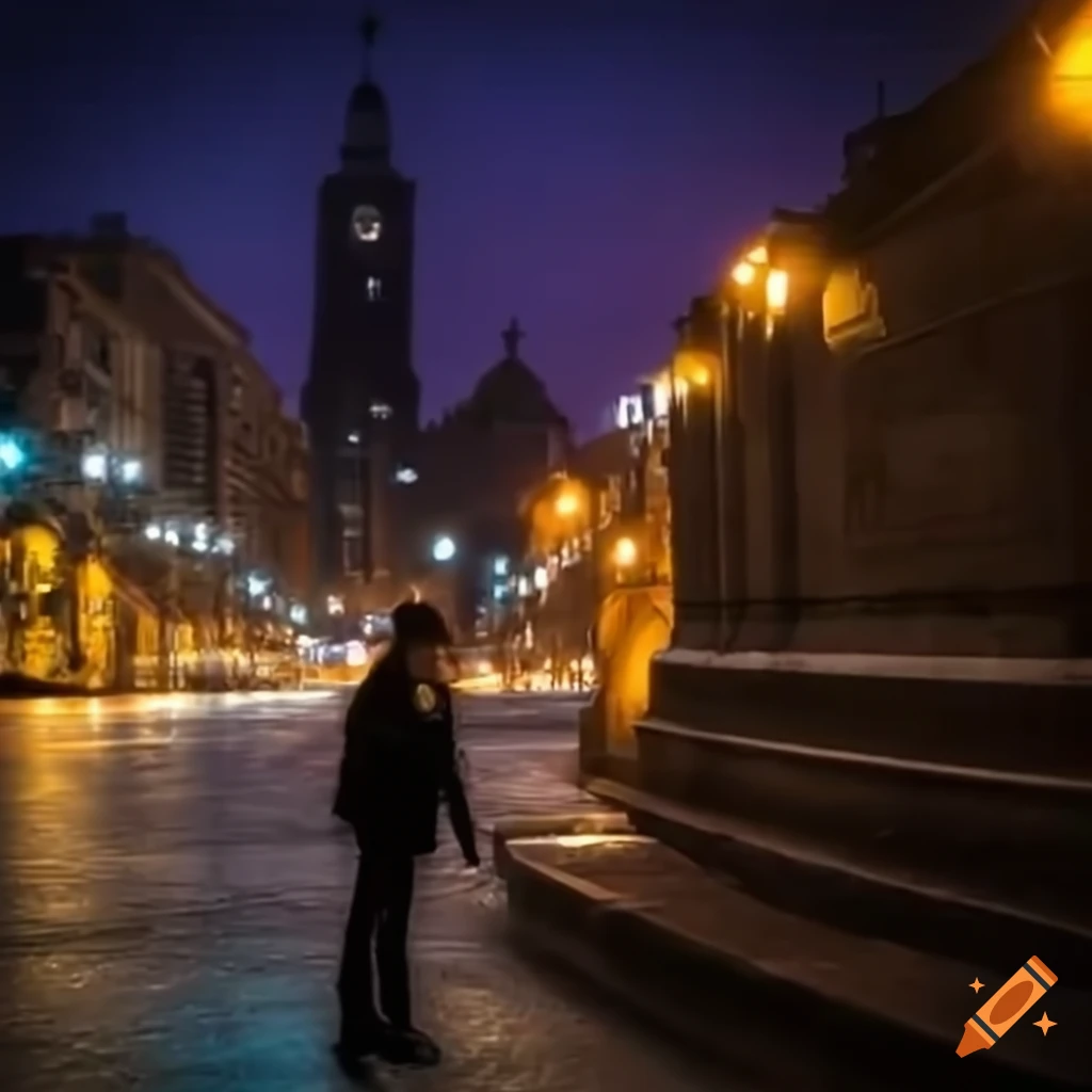 Hombre de 30 años disfrutando de la vista nocturna de una ciudad desarrollada desde una plaza