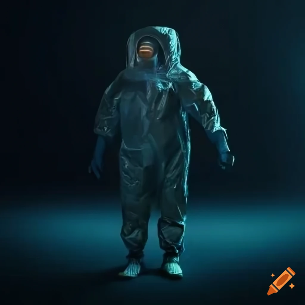 Futuristic hazmat cleanup person in a sci-fi bottling-plant