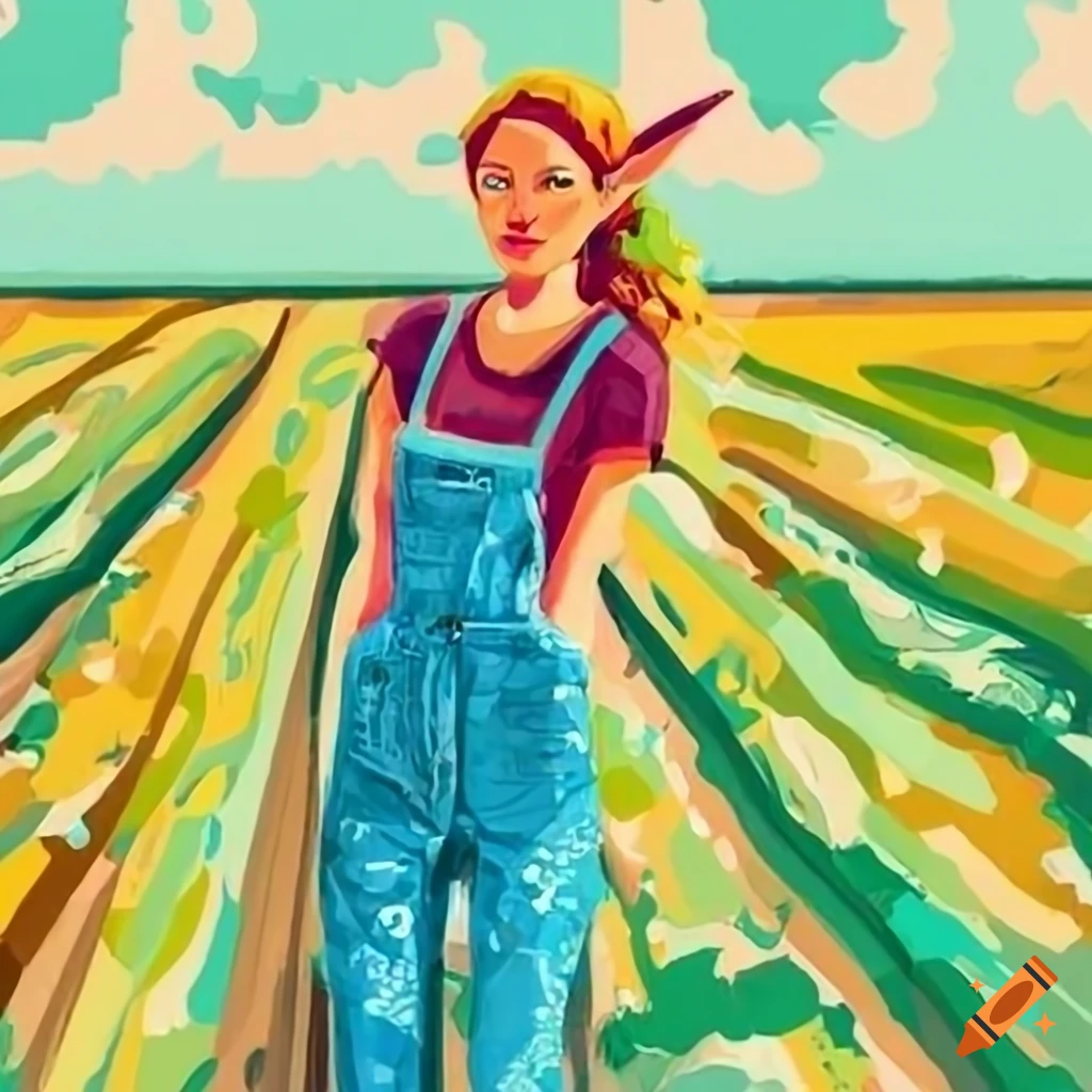 High elf woman in farmer's overalls on an agriculture field in the American Midwest
