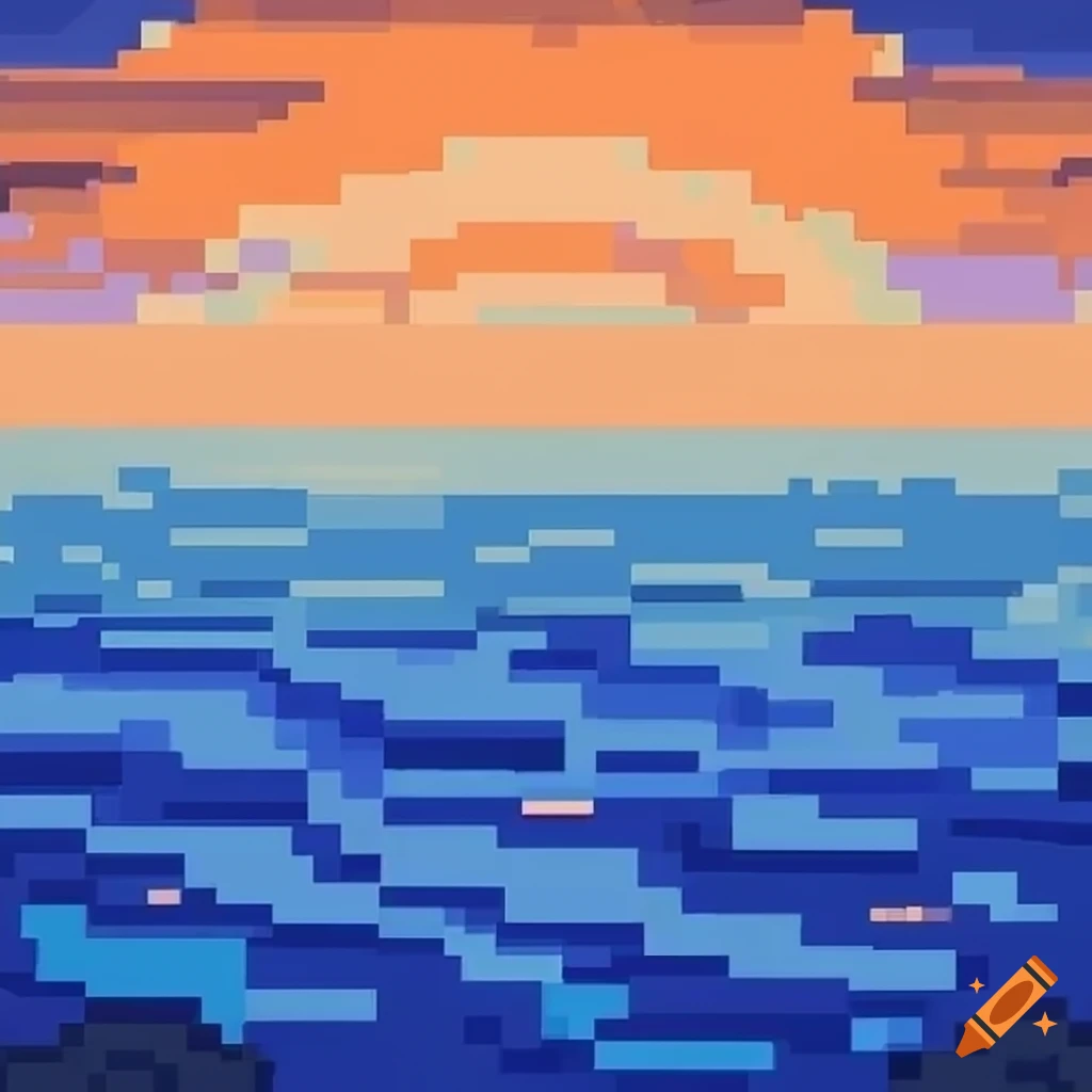 Pixel art ocean with Animal Crossing-style island in the distance