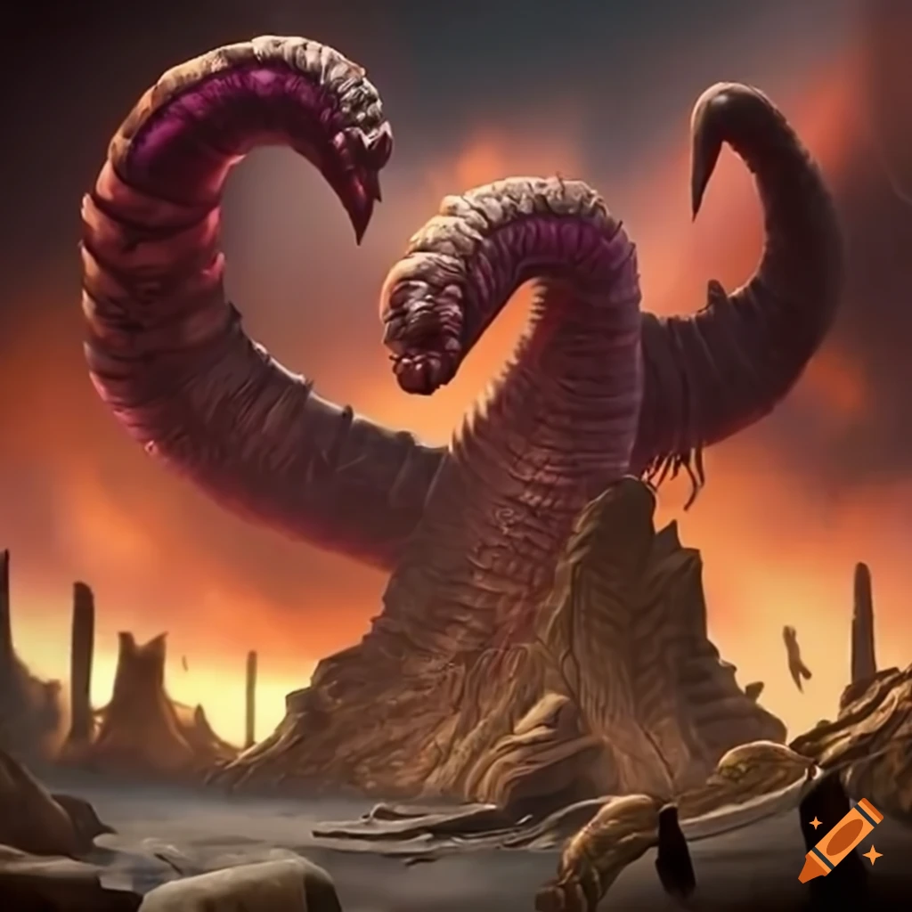 Epic fantasy scene with a giant worm army
