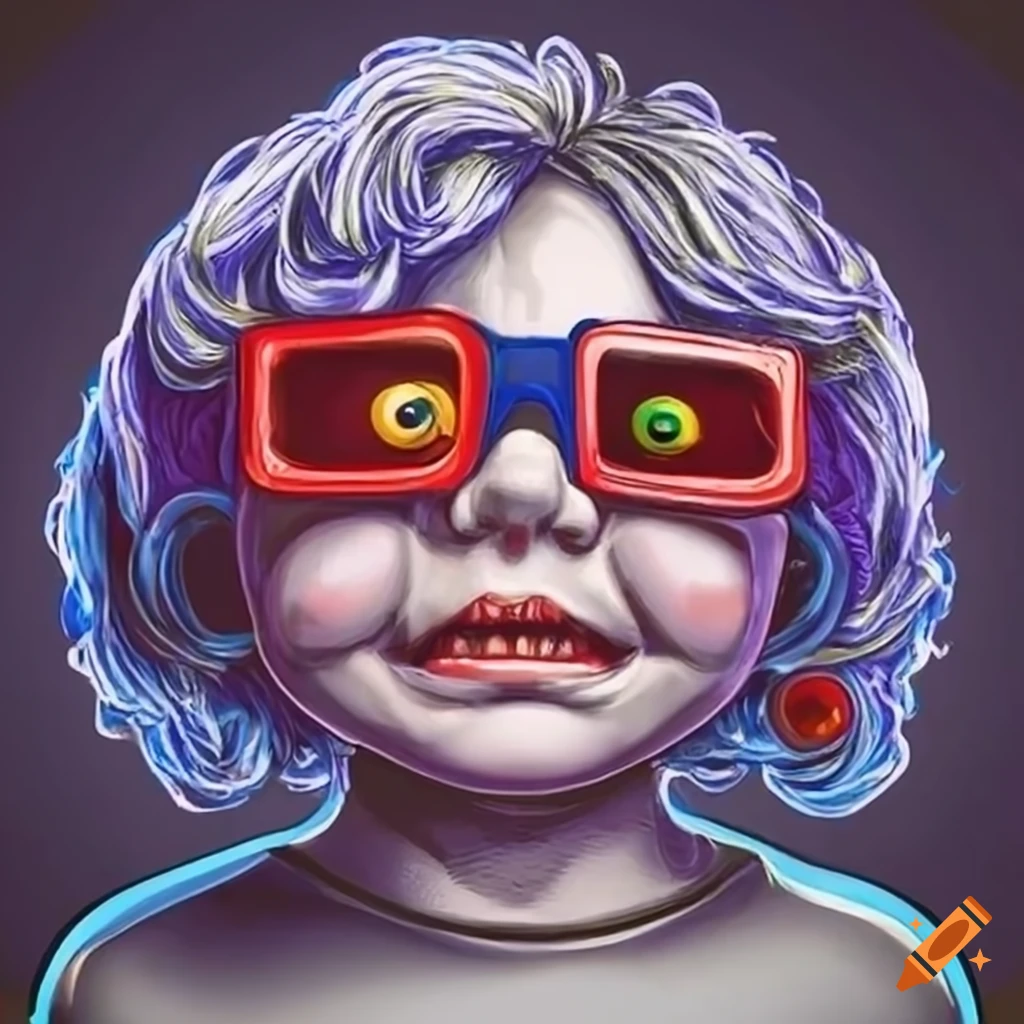 Cartoon hero kid with 3D glasses in the style of 80s Madballs artwork