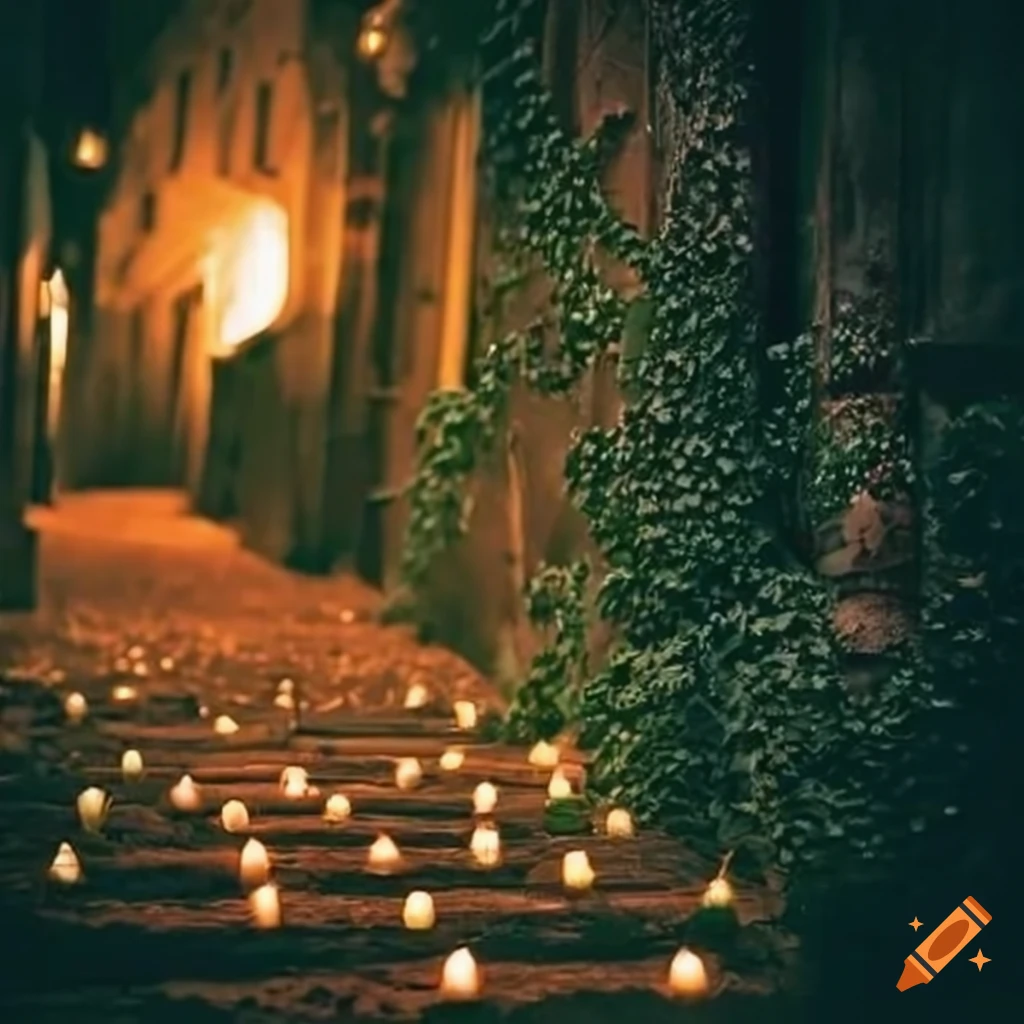 Enchanting candlelit alley with trailing ivy