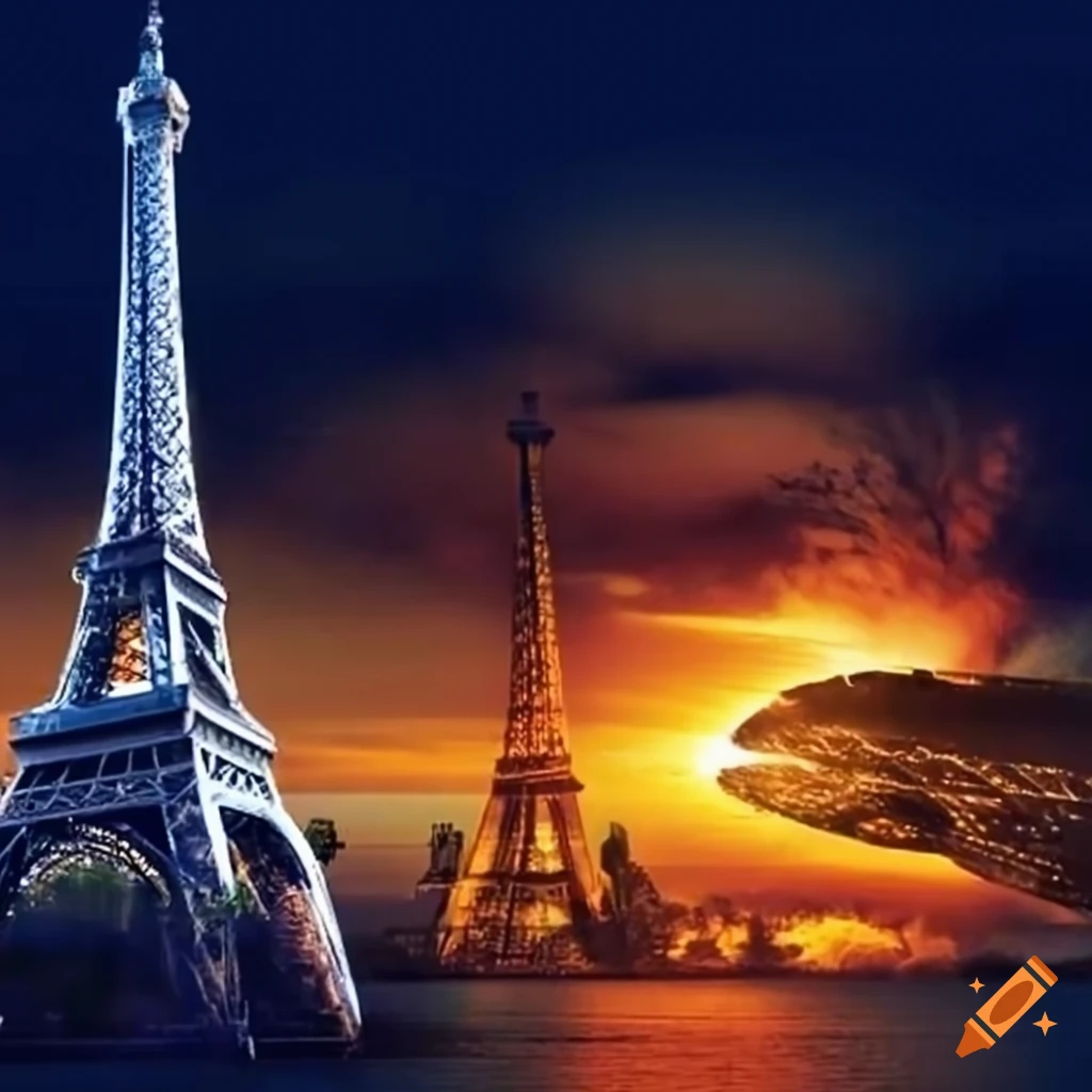 Eiffel Tower adorned with gold, silver, and bronze medals with Olympic logo in background