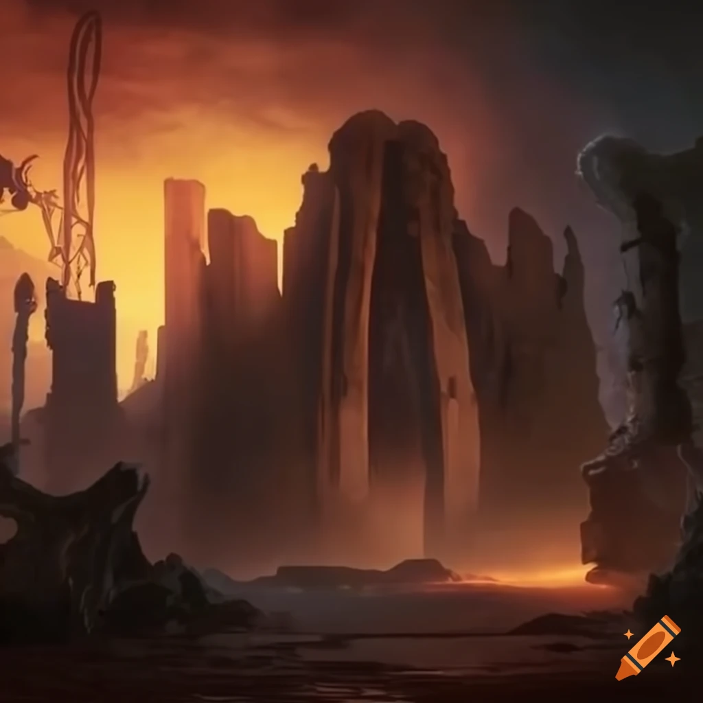 Desolate Australian ruins with alien symbols depicting cosmic horror