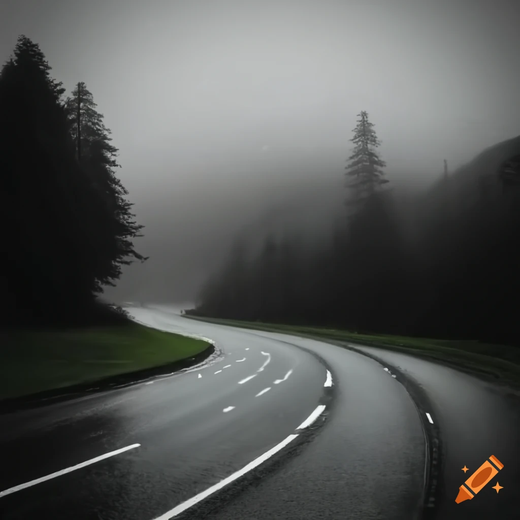 Scenic mountain road on a rainy day with a car driving through mist