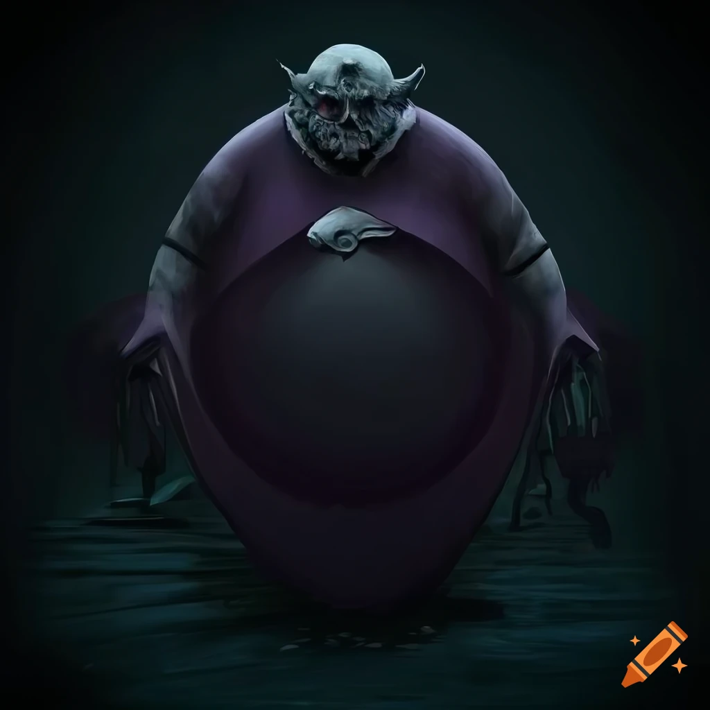 Obese nosferatu character with a huge belly in a dark fantasy setting