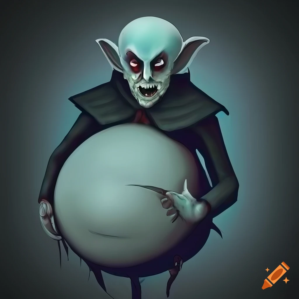Joyful obese nosferatu with round features and a huge belly in a dark fantasy setting