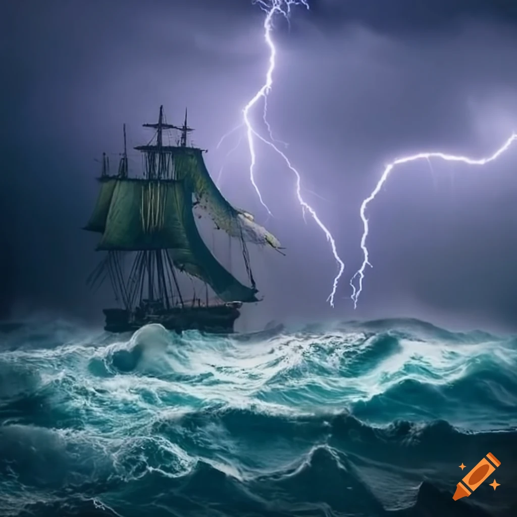 Spanish galleon navigating stormy seas with lightning and rough waters