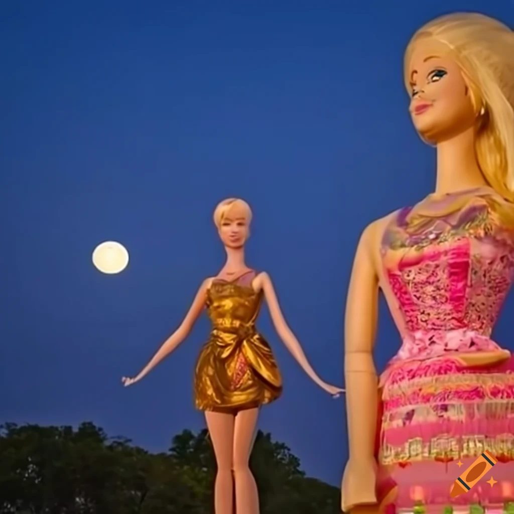 Giant Barbie statue in China with the yellow moon in the background