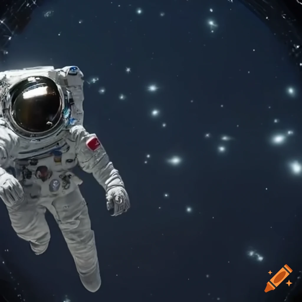 Astronaut drifting towards a mysterious spaceship in deep space