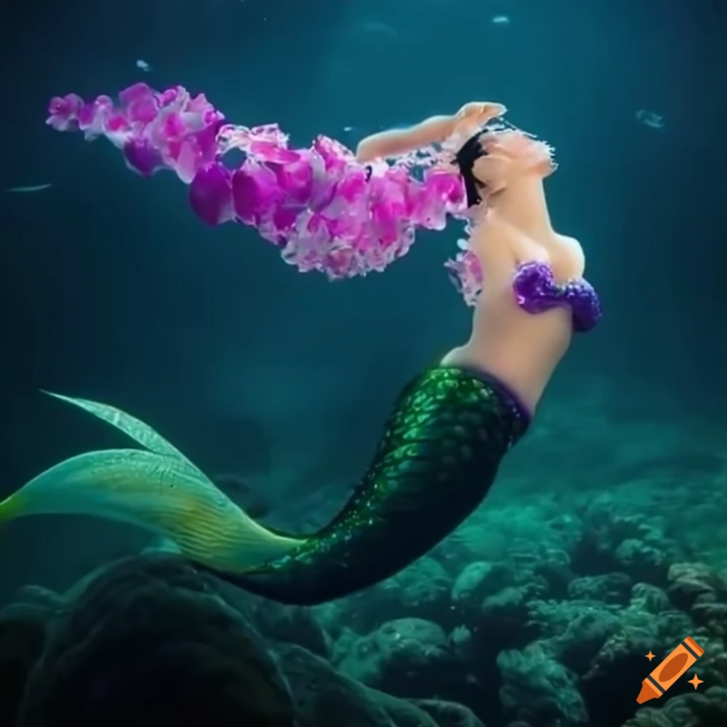 Mermaid tail emerging from underwater flower bloom
