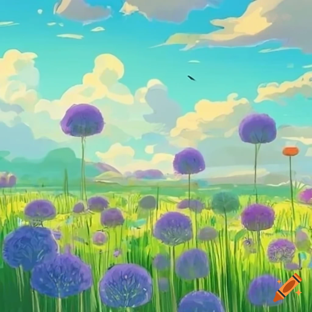 Field of allium flowers in Studio Ghibli-inspired art style