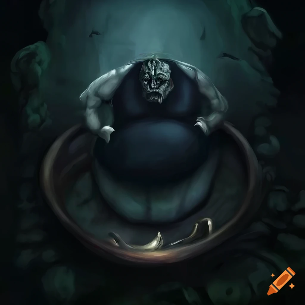 Contented obese nosferatu with round features and a huge belly in a dark fantasy scene