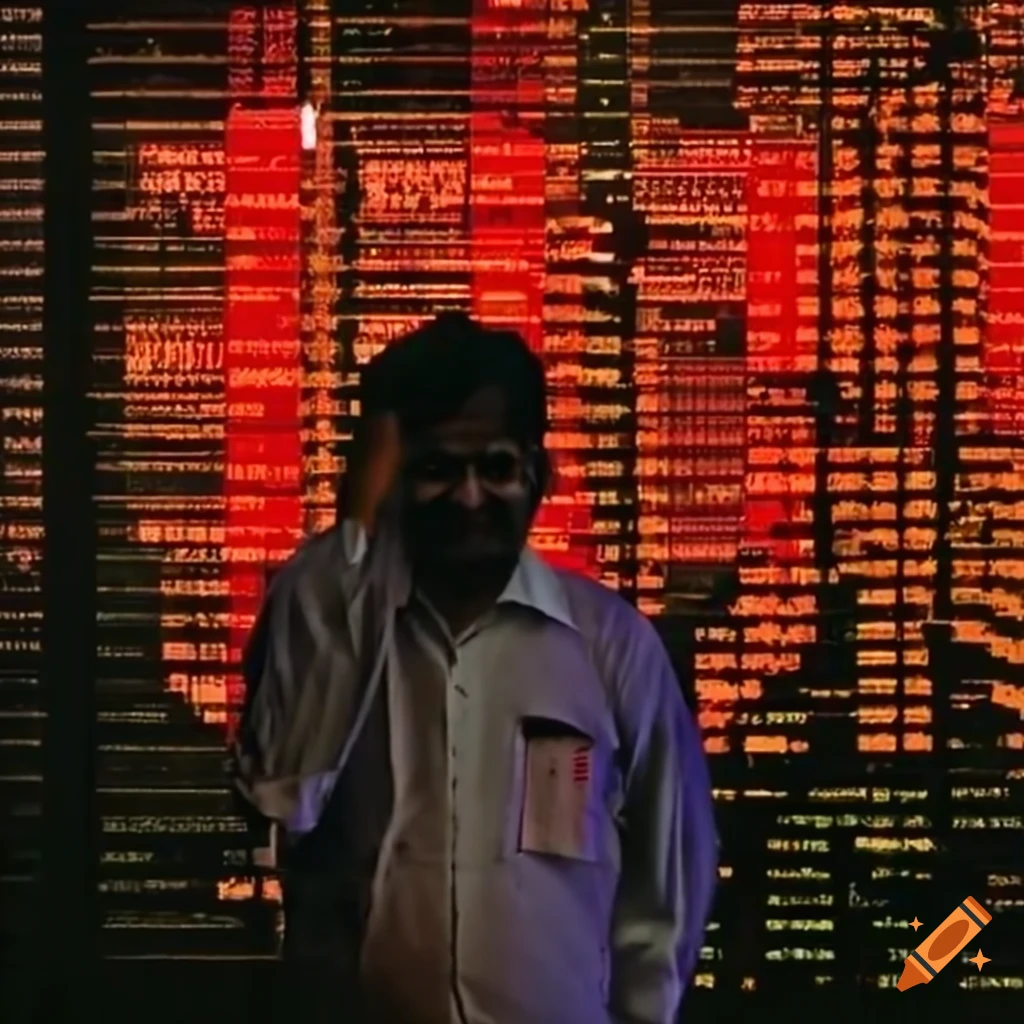 Indian man in white shirt and black trousers amidst chaos at Bombay Stock Exchange