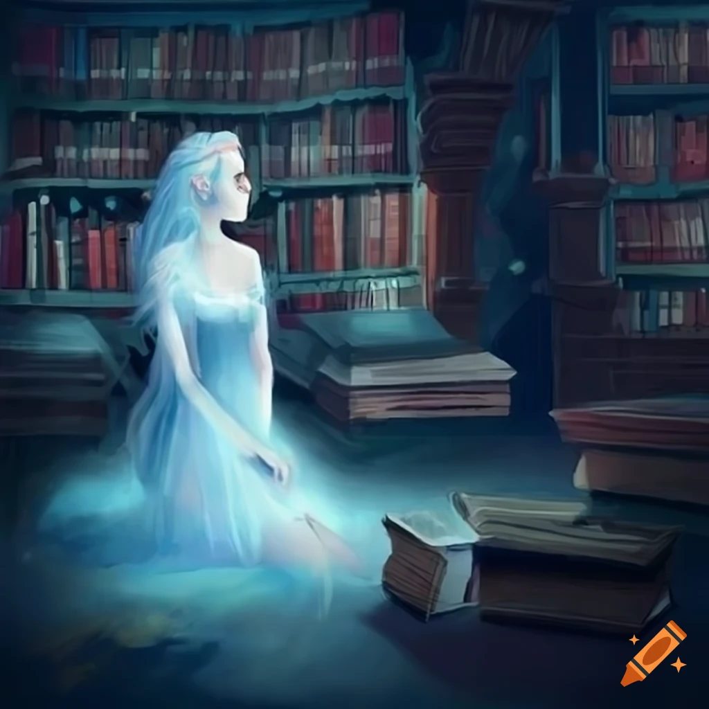 Ethereal spirit reading a book in a fantasy library