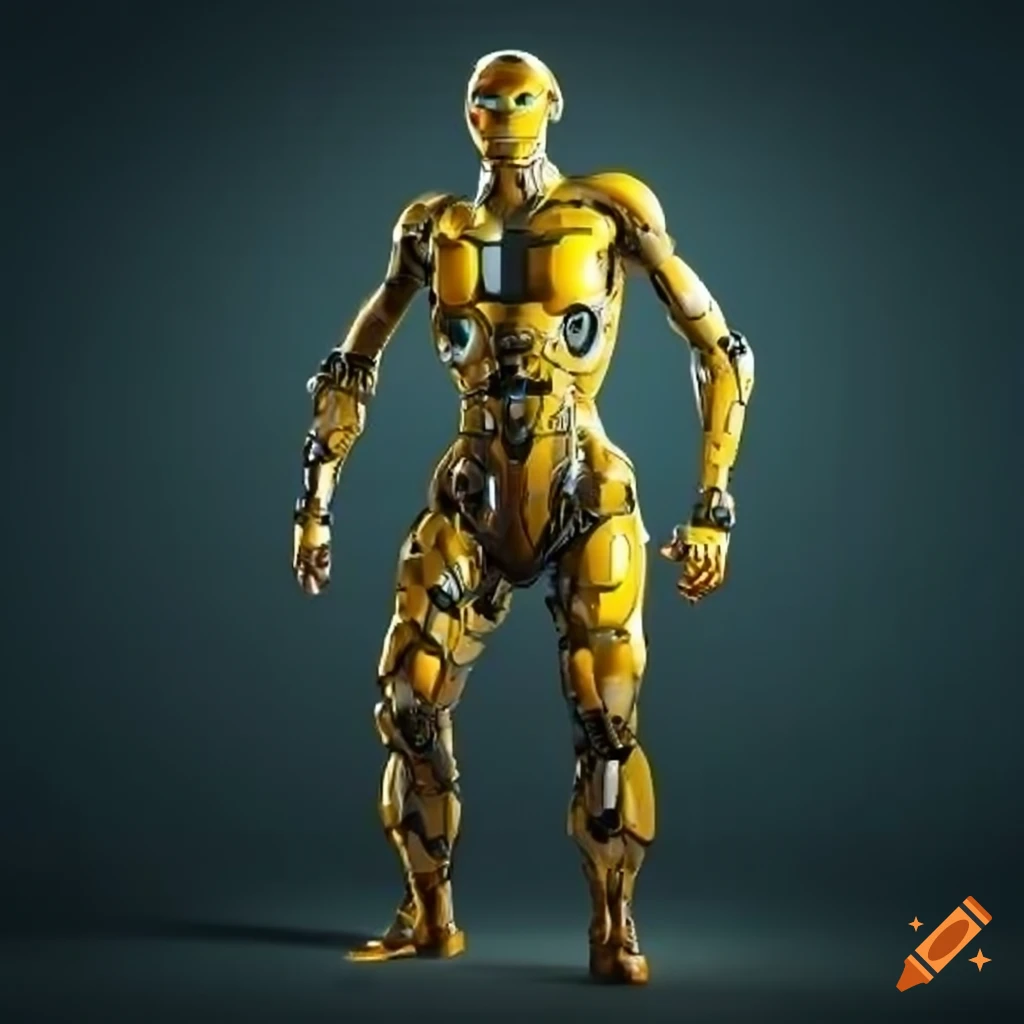 Cyborg character with yellow accents in t pose displaying intricate organic design