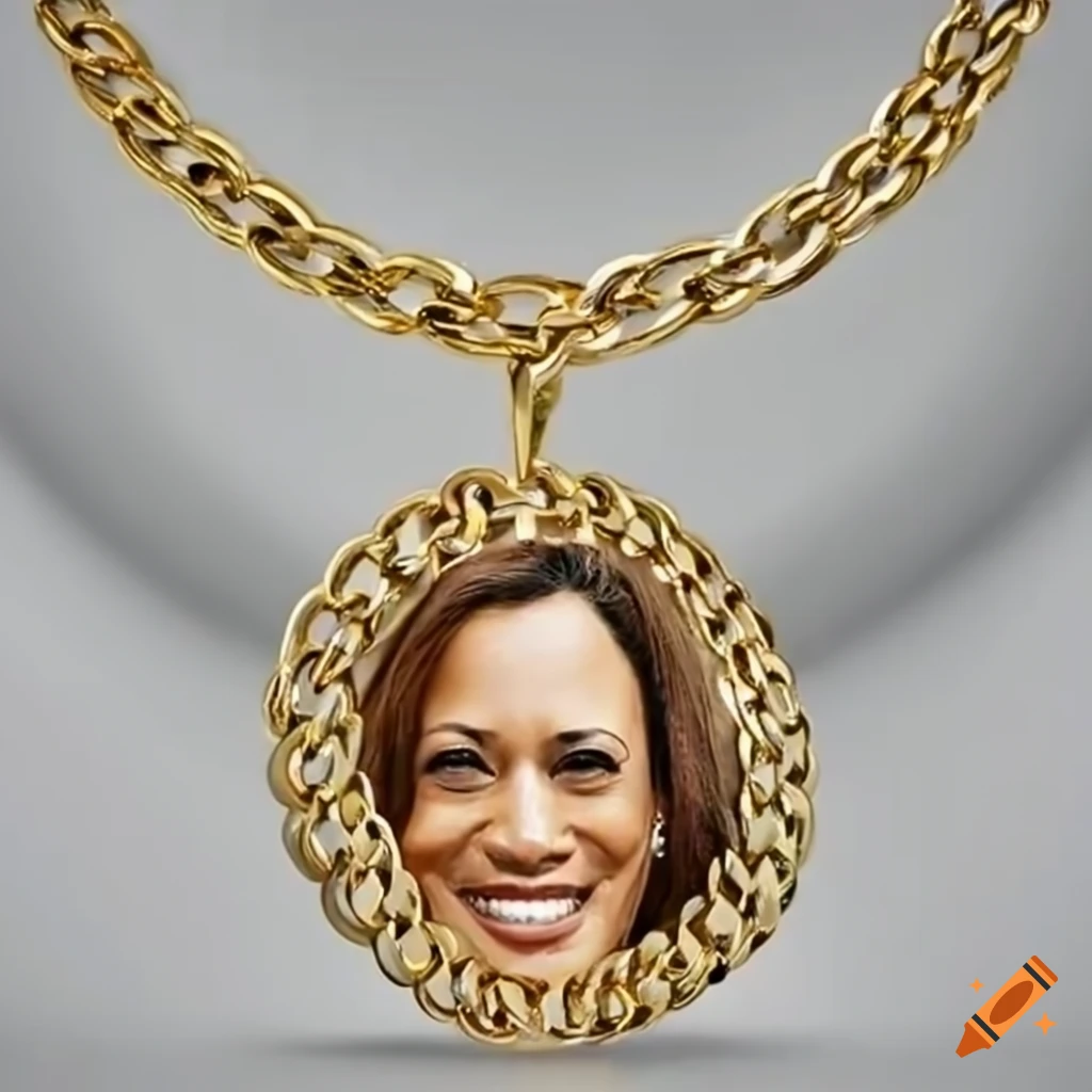 Luxurious gold rap chain necklace with 3d head of kamala harris on Craiyon