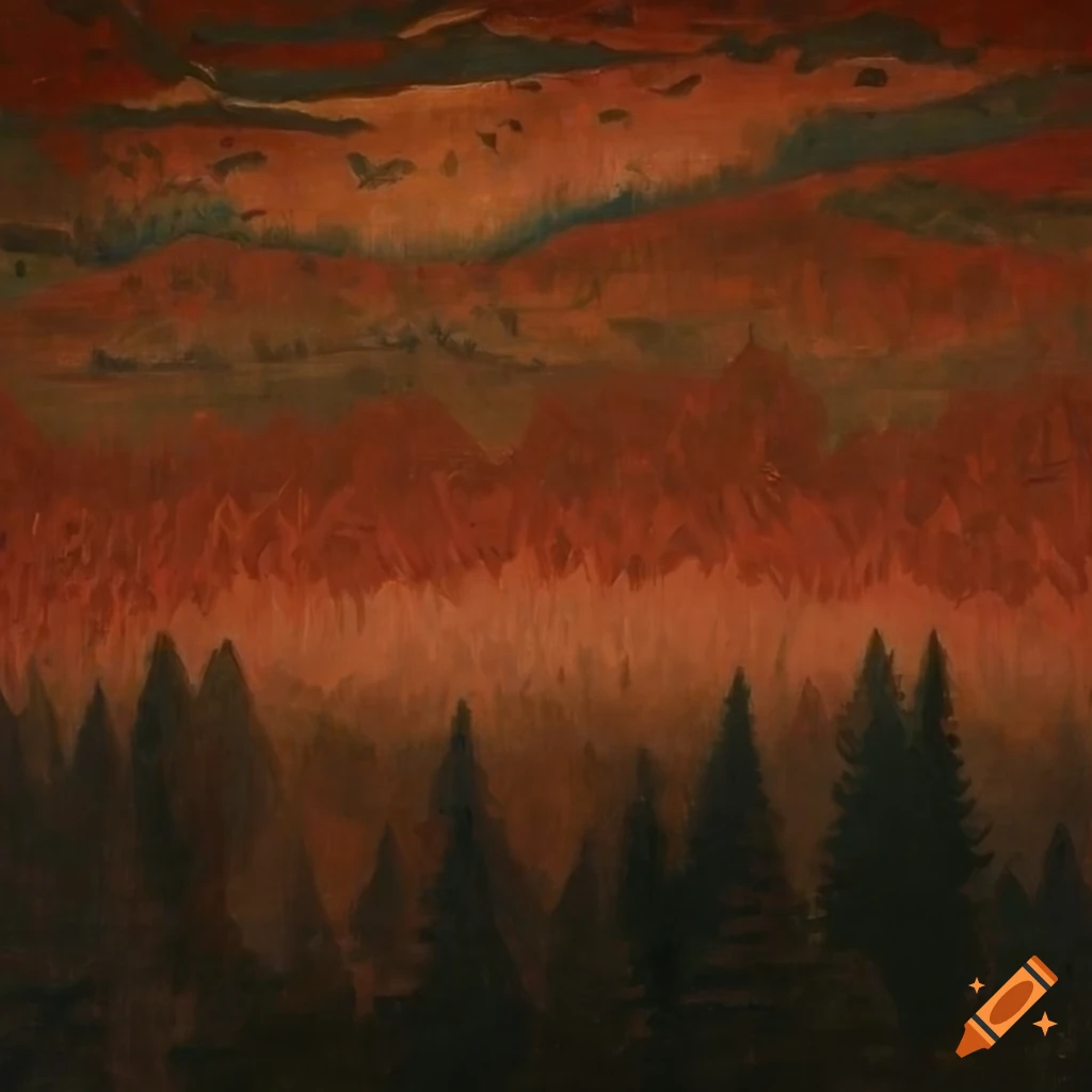 Forest with paper and embers under an inky sky in the style of Harald Sohlberg