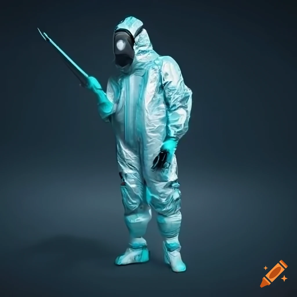 Futuristic hazmat cleanup person in a sci-fi bottling-plant at ...