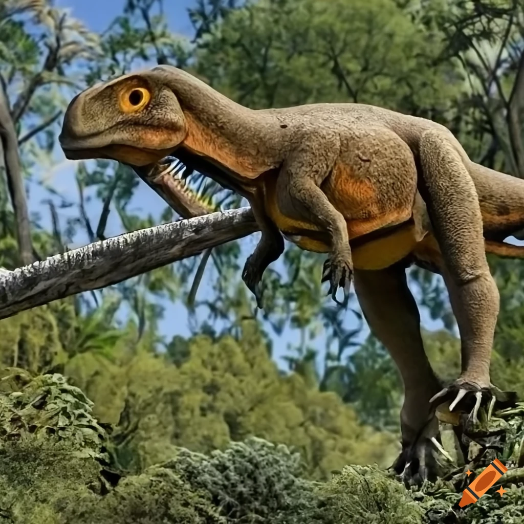 Hybrid feathered dinosaur with koala features climbing in the canopy