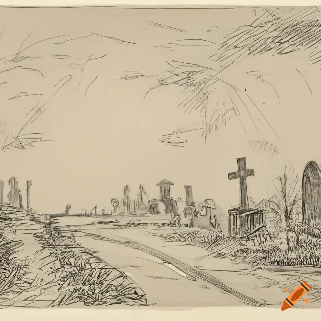 Lonely road with wheat field and old cemetery, car with long brake