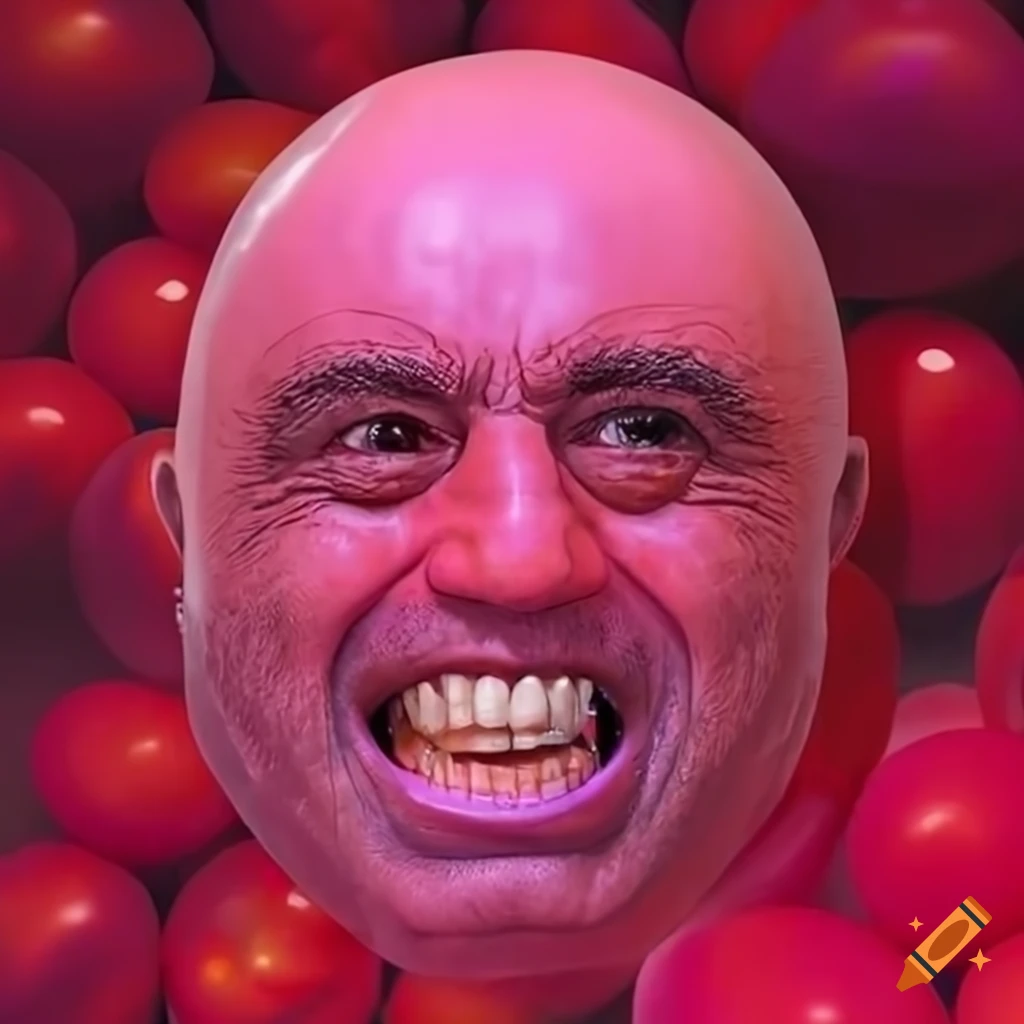 Surreal digital art with a stretched pink balloon featuring Joe Rogan's face
