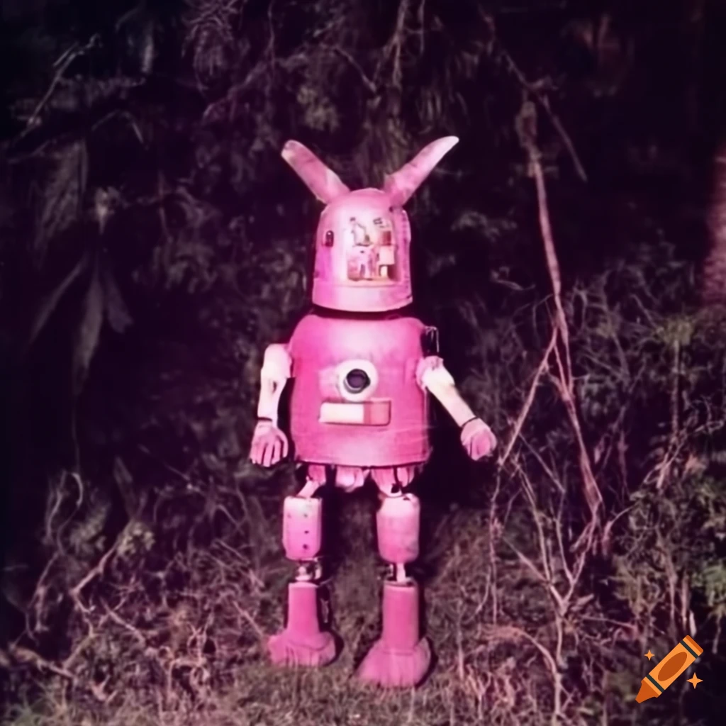 Pink 1950s vintage robot with kangaroo head in jungle with uplifting mode parachute