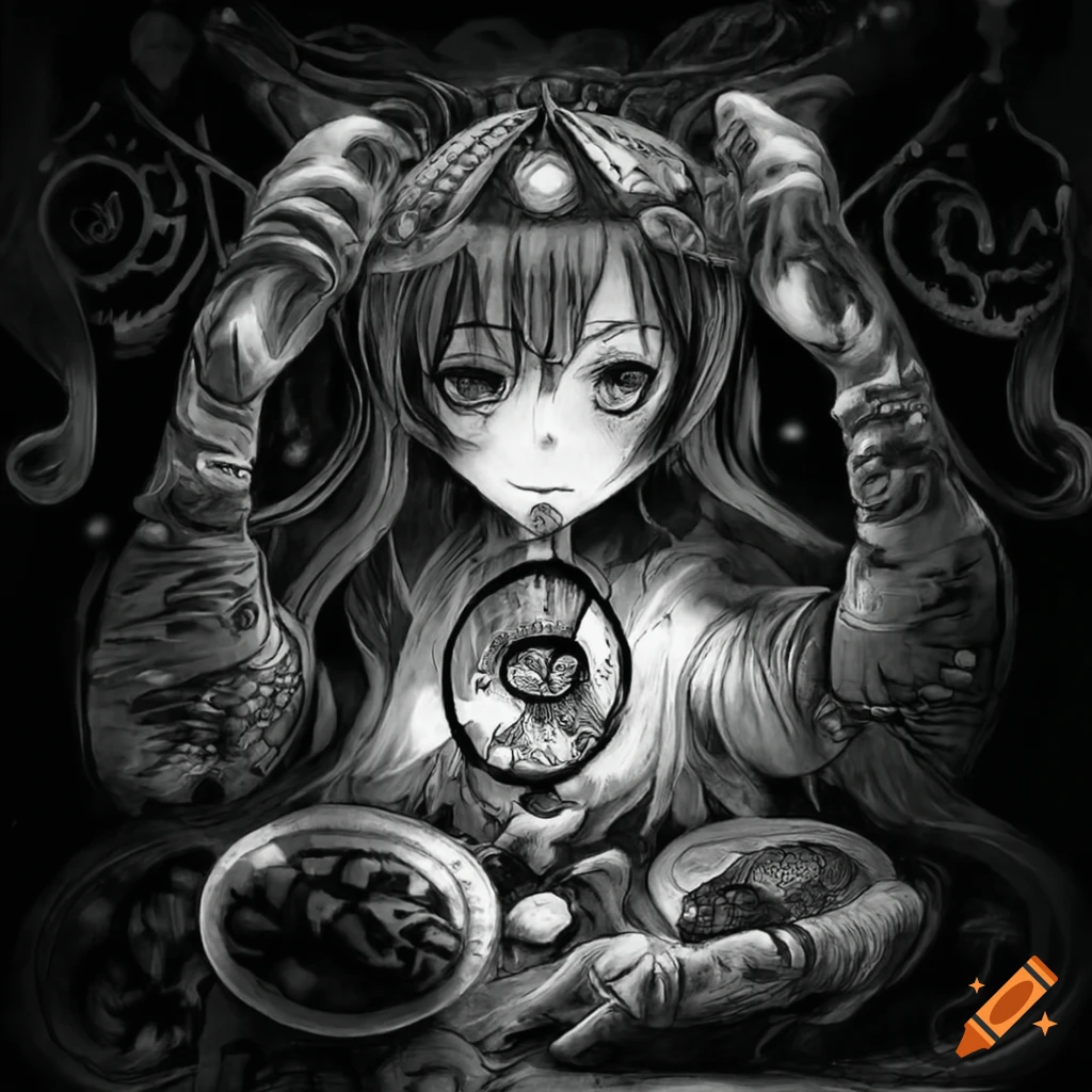 Alchemist performing a transmutation ritual in black and white artwork