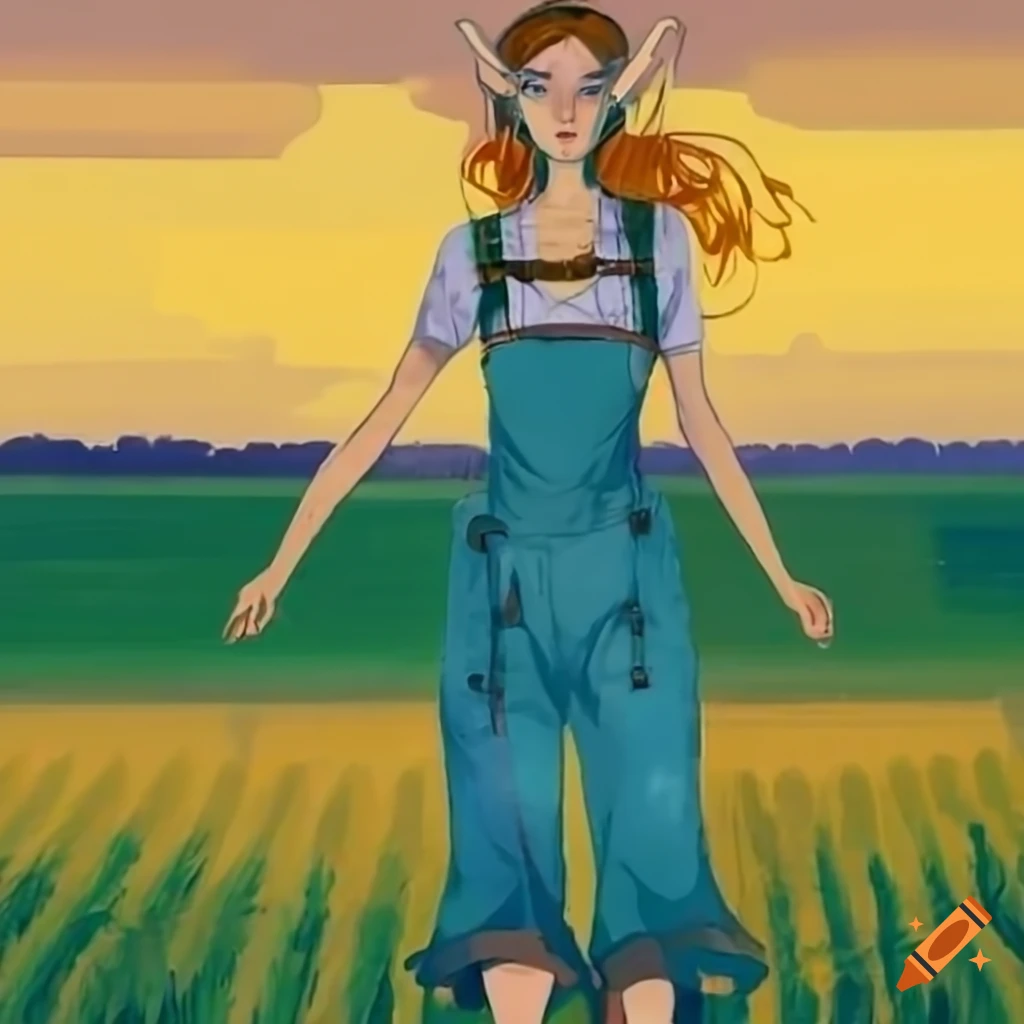 High elf woman in farmer's overalls on an agriculture field in the American Midwest